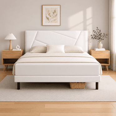Cadre de Lit Très Grand, Lit Plateforme Très Grand Telino avec Tête de Lit Rembourrée en Tissu, Blanc