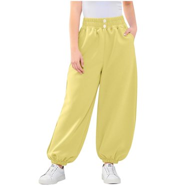 hoksml Pantalons de Jogging Taille Haute Unis pour Filles, Taille Élastique, Boutons Décoratifs, Pantalons de Survêtement, Poignets Élastiques avec Poches (6-12 Ans)