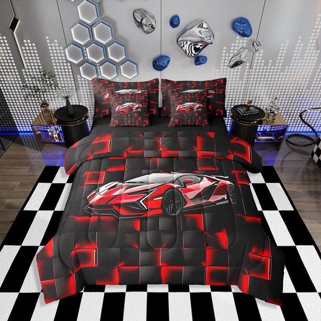 Erosebridal Neon Car Bedding Full Size for Boys, Racing Car Bedding Sets Full Size, Sports Decor, Reversible 7-Piece