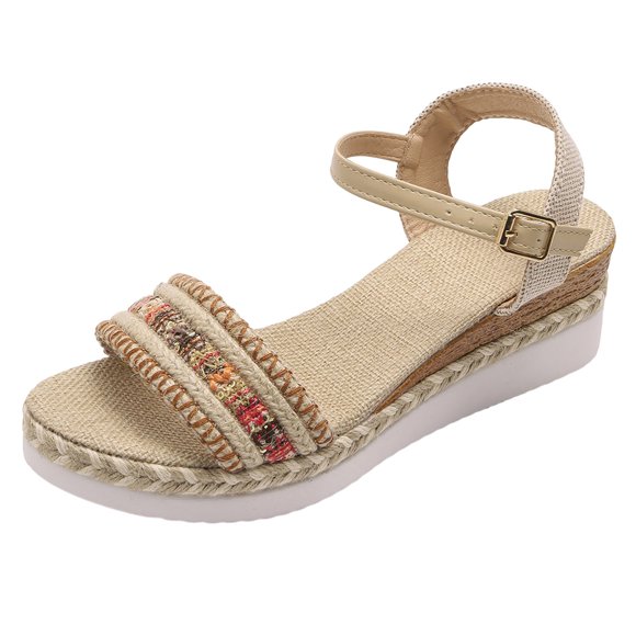 Sandales Compensées Tissées Bohèmes pour Femmes à Bout Ouvert Espadrilles Plateforme Chaussures de Plage avec Boucle de Cheville Ajustable Rouge Taille 9,5