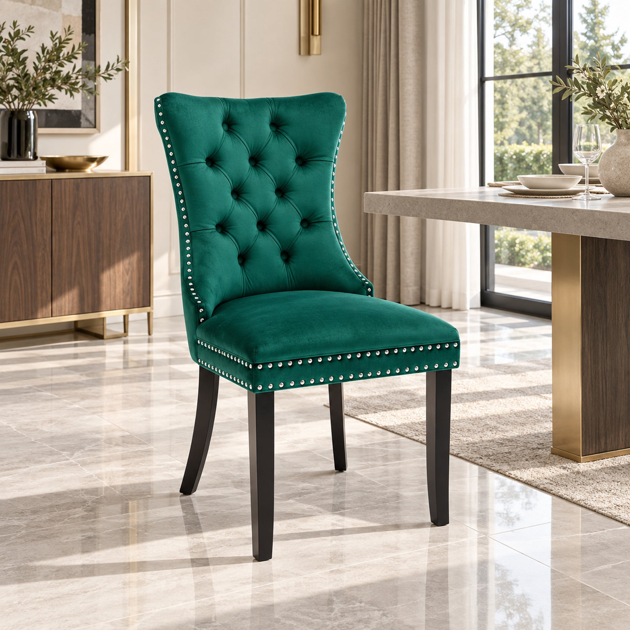 Homy Casa Green Velvet Tufted Dining Chairs Set of 2 with Solid Wood Legs and Nailhead Trim