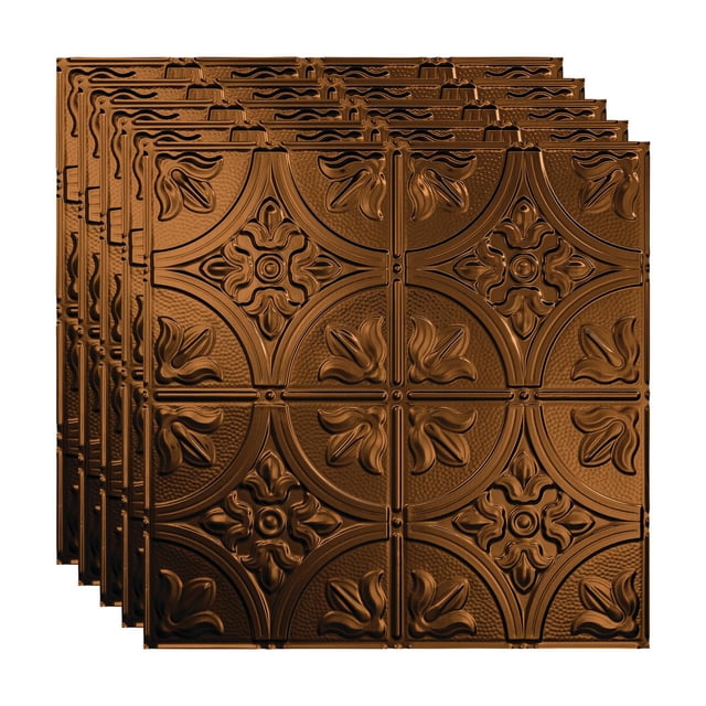 FASÄDE Traditional 2 Decorative Vinyl 2ft x 2ft Lay in Ceiling Panel in Oil Rubbed Bronze (5 Pack). The image shows five lightweight and flexible PVC panels with a traditional floral and geometric embossed design in an oil-rubbed bronze finish. Each panel measures 2ft x 2ft, covering a total of 20 sq. ft., and is designed for easy installation in suspended ceiling grids. The panels are water- and corrosion-resistant, making them suitable for kitchens, bathrooms, and basements.