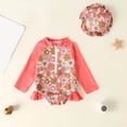 thumbnail image 2 of Infant Baby Girl Swimsuit Long Sleeve Rash Guard One Piece Swimwear with Hat Ruffle Bathing Suit with Zipper, 2 of 4