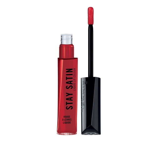 Rimmel London Stay Satin Liquid Lip Color in red with a clear rectangular tube and black cap applicator showing the liquid lipstick wand coated in red, offering a lightweight satin finish and up to 8 hours of wear, suitable for bold lip makeup.