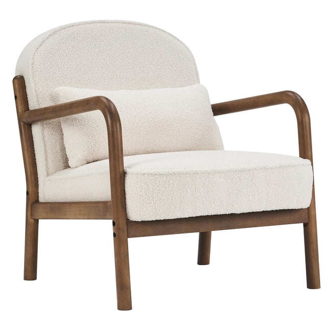 Mid-Century Modern Boucle Fabric Accent Chair, Fabric - White & Walnut with a solid wood frame in light walnut finish and exposed dark angled legs. Upholstered in white boucle fabric with a matching lumbar pillow, featuring contoured foam lumbar support and coil spring seating, suitable for living room or bedroom seating.