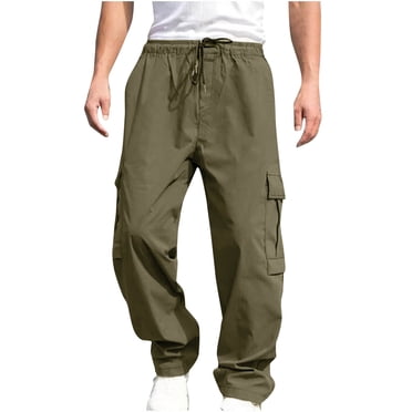 hoksml Men Comfy Cargo Pants Stretch, Relaxed Fit Multi Pocket Straight Trousers Solid Color Elastic Waist Tie Outdoor Sports Overalls Pants Summer Clearance