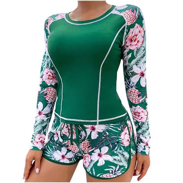 RKSTN Women Two Piece Rash Guard Long Sleeve Swimsuits UV UPF 50+ Two Piece Set Floral Printed Swim Shirt Bathing Suit with Boyshort Bottom