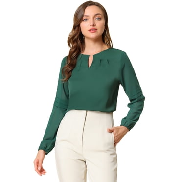 INSPIRE CHIC Women's Work Office Long Sleeves Keyhole Neck Elegant Blouse Top Dark Green M