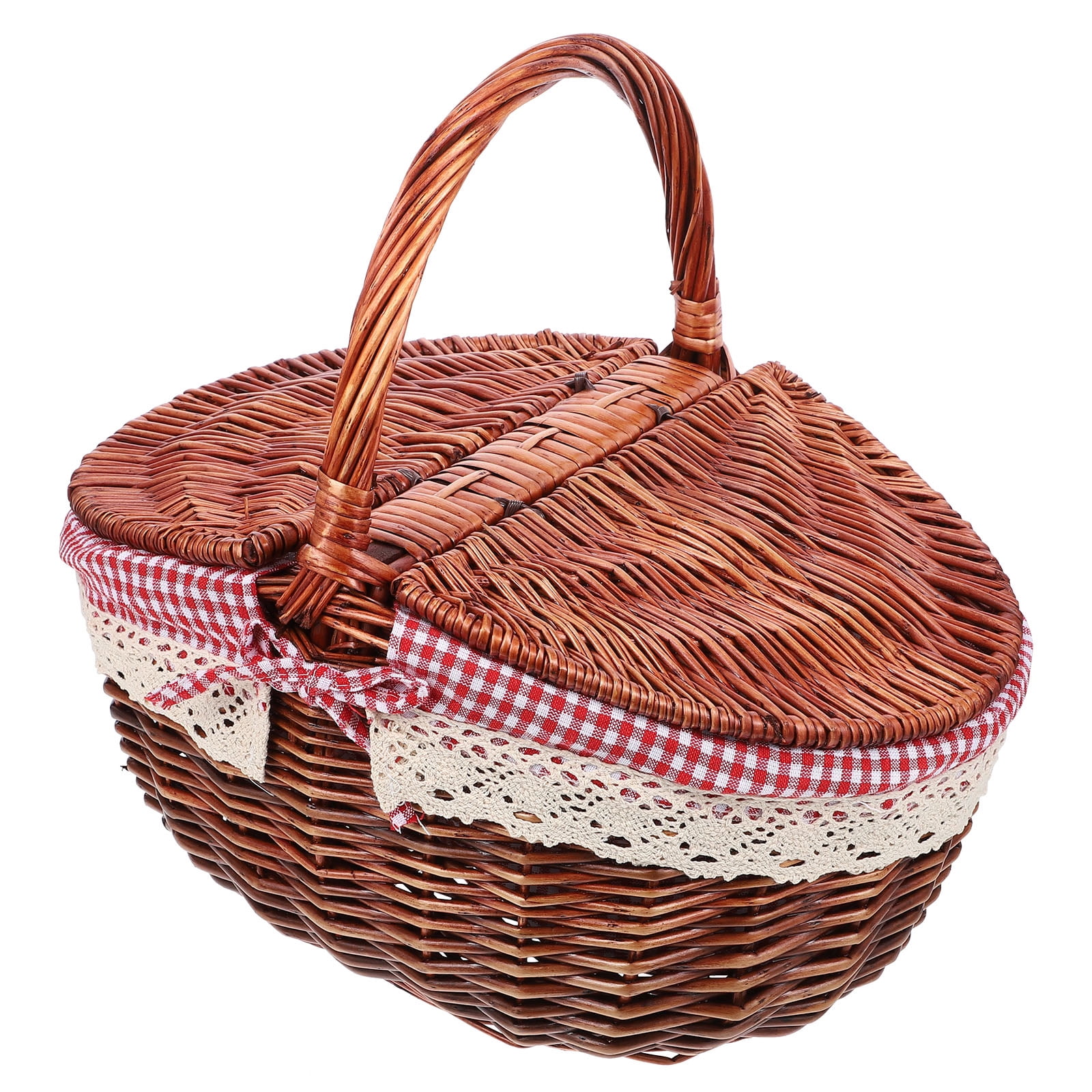 Handheld Basket Picnic Basket Wicker Basket Storage Basket with Double Lids