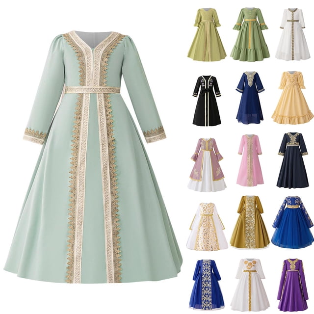 MKOSPLRT Robe Formelle pour Filles Musulmanes 4-8 Ans Manches Longues Évasées Col Rond Robe de Fête avec Broderie Robe Islamique Modeste de Célébration à Volants