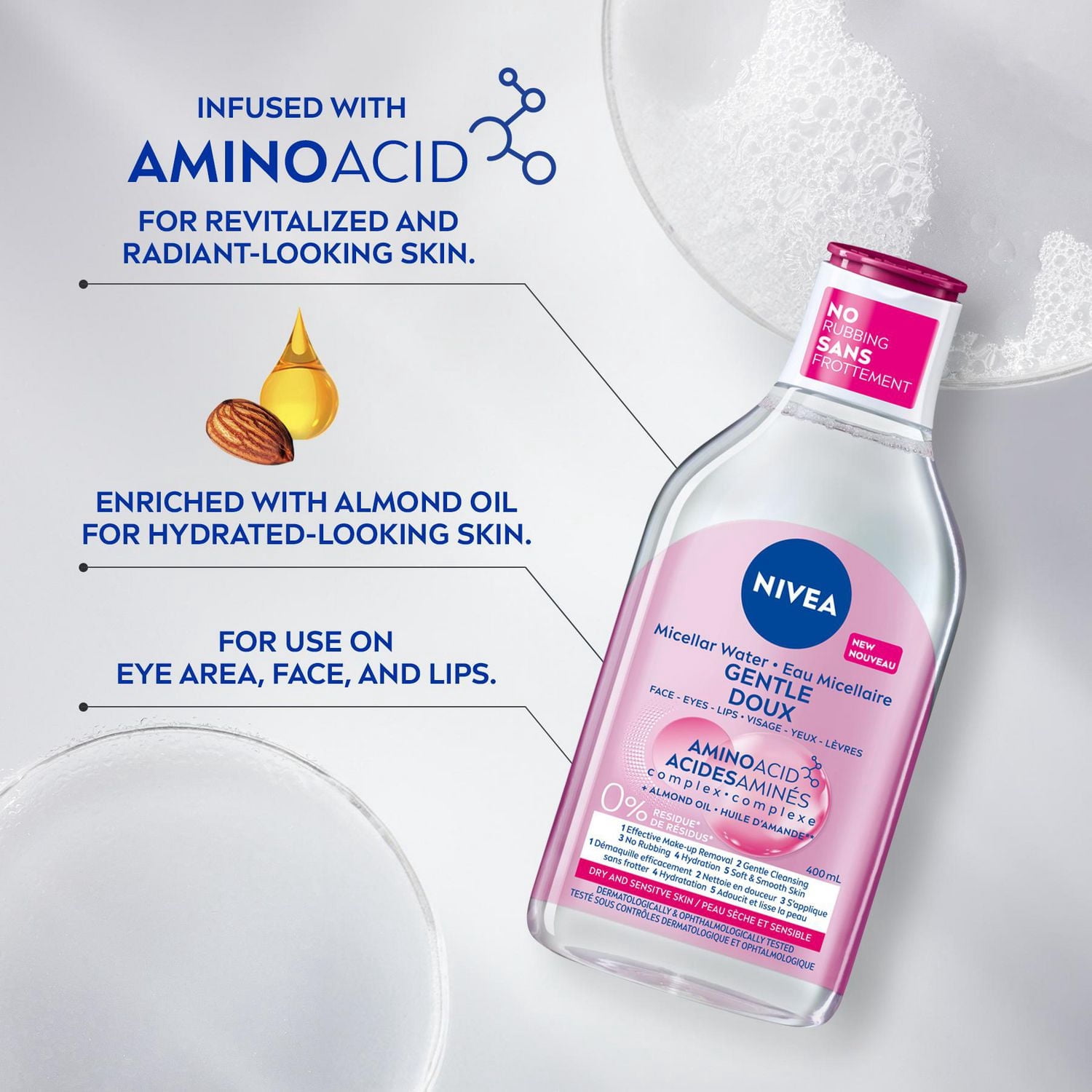 NIVEA Eau micellaire pour peaux sèches et sensibles, nettoyant et démaquillant, 400 ml