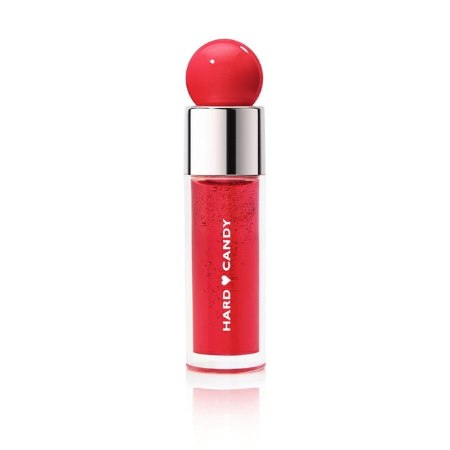 Hard Candy Glosstopia Lip Repair Oil in a clear tube with red hydrating lip oil, silver metallic cap, and round red doe foot applicator top, delivering intense hydration and next level shine with Vitamin E, Jojoba Oil, and Squalane for soft, smooth lips, also suitable for adding a glossy finish to lip makeup.