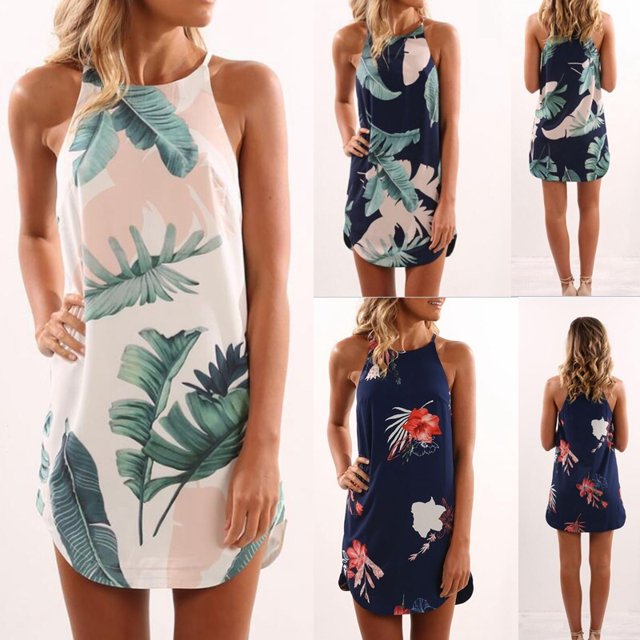 Women's Summer Halter Neck Sleeveless Slip Dress Printing Slim Prom Party Mini Dress
