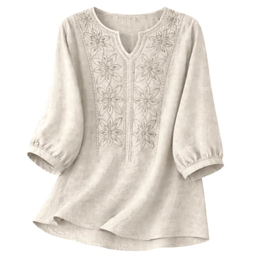 WUANDIXFA Hauts pour Femmes Chemises à Manches 3/4 pour Femmes Blouses à Col en V Habillées Décontractées Vêtements d'Été pour Femmes Tendance 2026, Beige, 3TG