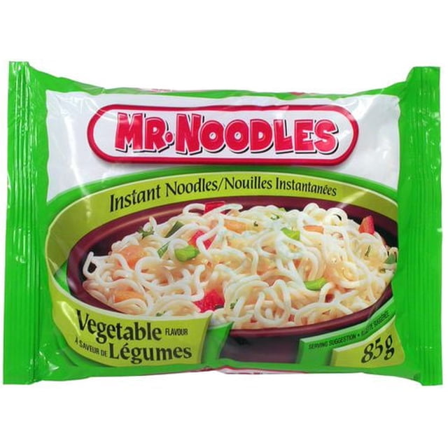 Mr.Noodles Vegetable Flavoured Instant Noodles 85g package showing cooked instant ramen noodles with visible diced vegetables like carrots and green onions, designed for quick preparation as a convenient pantry food.