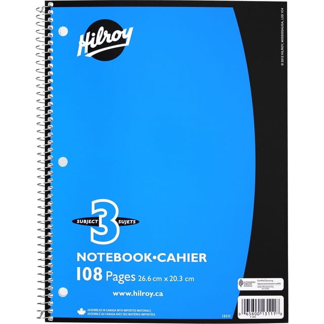 Hilroy 3 Subject 108pg Notebook with a blue cover, spiral coil binding, and 3-hole punched for binder insertion, containing 108 wide-ruled pages suitable for school, office, or home use, assembled in Canada with imported materials.
