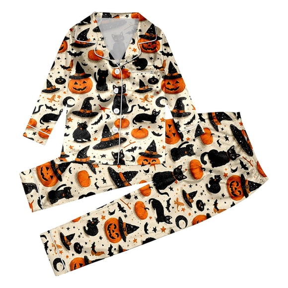 Halloween Family Matching Pajamas Long Sleeve Silk Like Sleepwear for Parents and Kids Comfortable Loungewear Costume Party Outfit