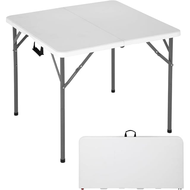 FDW 34" Square Outdoor Dining Table in white, a portable and foldable plastic table with powder-coated steel legs, non-slip rubber feet, and a built-in carrying handle. Features include height adjustability, a side lock for secure transport, and a smooth white surface. Ideal for parties, weddings, and indoor or outdoor use, shown fully assembled and folded for compact storage.