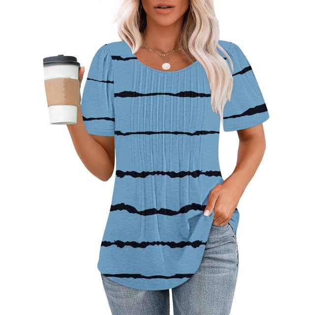 Meichang T-Shirts pour Femmes Manches Courtes Plissés Habillés Décontractés Col Rond Tops d'Été Tendance à Rayures Imprimé T-Shirts Doux Confortables Tuniques Blouses