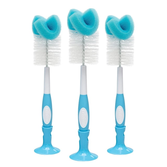 Dr. Brown's Brosse de Nettoyage pour Biberon avec Éponge et Récurant - Bleu - Lot de 3 avec Trois Brosses à Manche Bleu Comprenant des Poils Blancs et des Têtes d'Éponge Bleues pour un Nettoyage en Profondeur des Biberons et des Tétines, Chaque Brosse Comprend une base à Ventouse pour un Rangement Pratique Près de l'Évier.