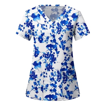 TopLLC Tuniques de Sarrau pour Femmes à Imprimé Floral Uniformes d'Infirmière pour Femmes, Chandails Respirants à Motifs à Manches Courtes Col en V Grande Taille T-Shirts Hauts avec Poches