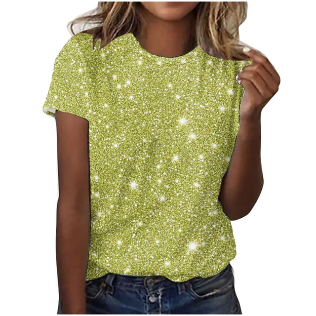 Plebaso T-Shirts de Mode pour Femmes à Imprimé Scintillant, Manches Courtes, T-Shirts Graphiques, Hauts Décontractés à Col Rond
