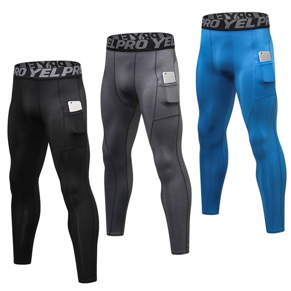 Yeacher 3 Pack Men’s Pants Quick Dry Sport Tights Baselayer Running Workout Active Athletic Leggings with Pockets