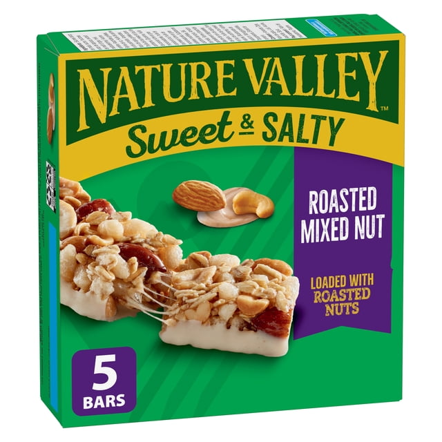 Nature Valley Sweet & Salty Granola Bar Roasted Mixed Nut front-facing green box with individual wrapped bars and photos of cashews, peanuts, almonds and oat clusters; highlights whole grain oats, a creamy nut-butter coating and no artificial flavours or colours, suitable for lunchboxes or hikes.