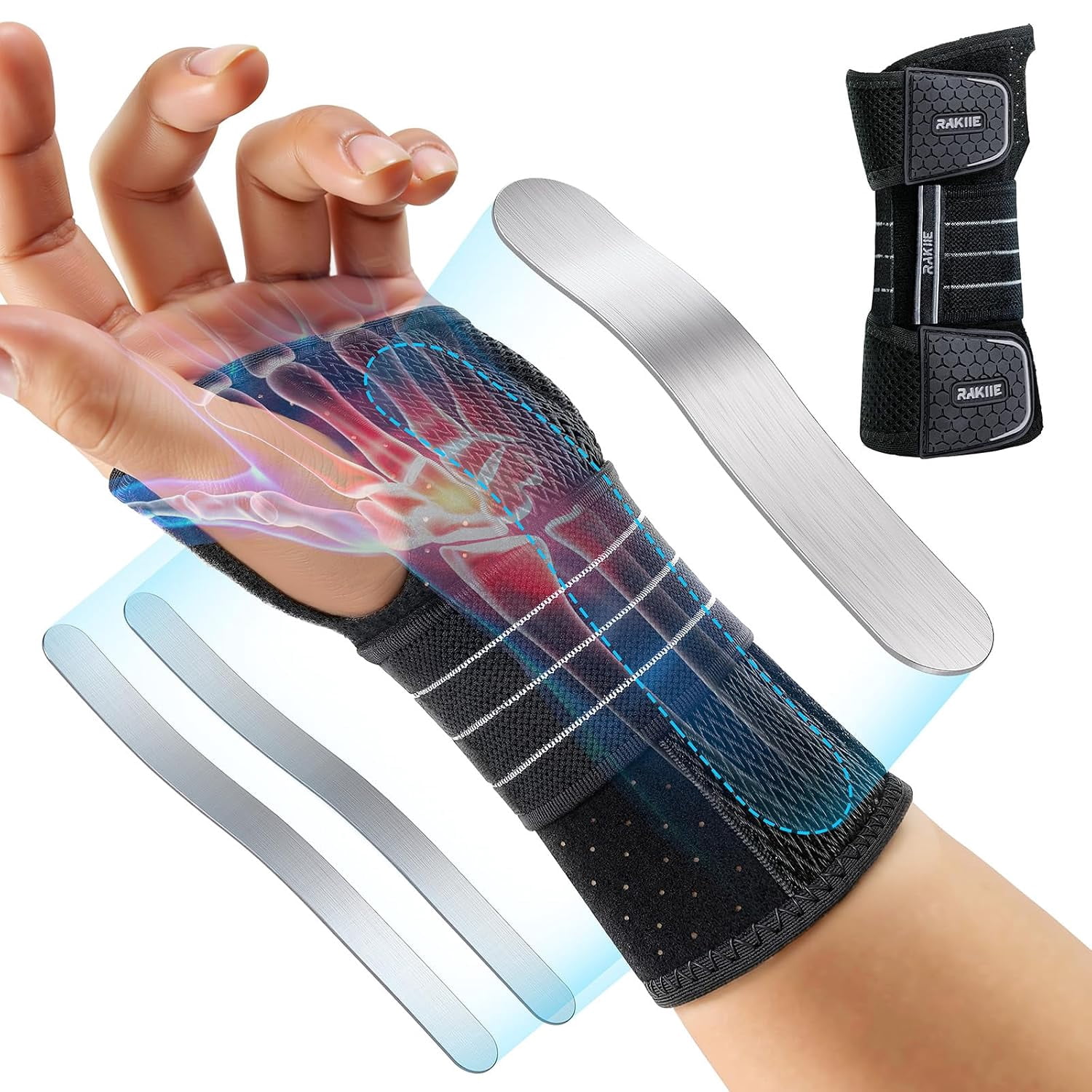 Working Splints Rakiie Carpal Tunnel Wrist Brace, Adjustable Night Wrist Support with 3 ...