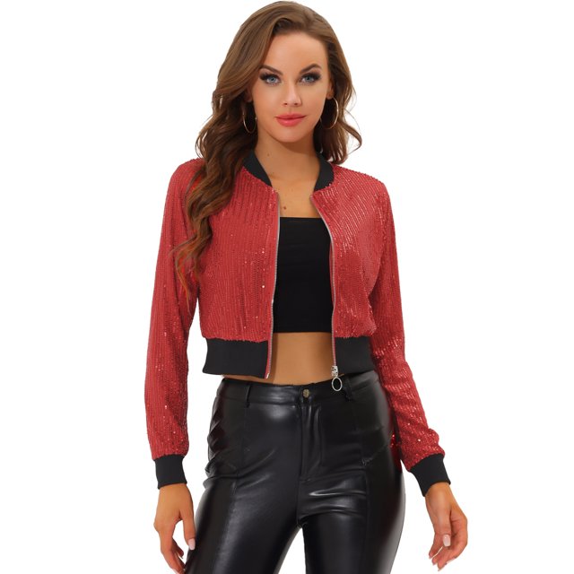 INSPIRE CHIC Cardigan Manteau Ouvert à Paillettes Scintillantes pour Femme, Fermeture Éclair, Blouson Bomber Court, Rouge, TP