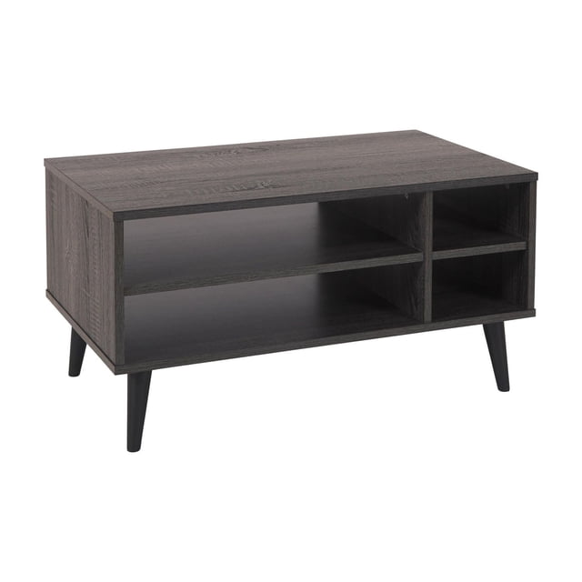 CorLiving Cole table Basse Rectangulaire d'Intérieur en Bois d'Ingénierie, Gris Foncé, avec Quatre Étagères Ouvertes et Pieds Noirs Fuselés, avec Fini grain de Bois et Glissières en nylon pour Protéger les Planchers, Idéale pour Organiser les Articles du Salon et Exposer le décor.