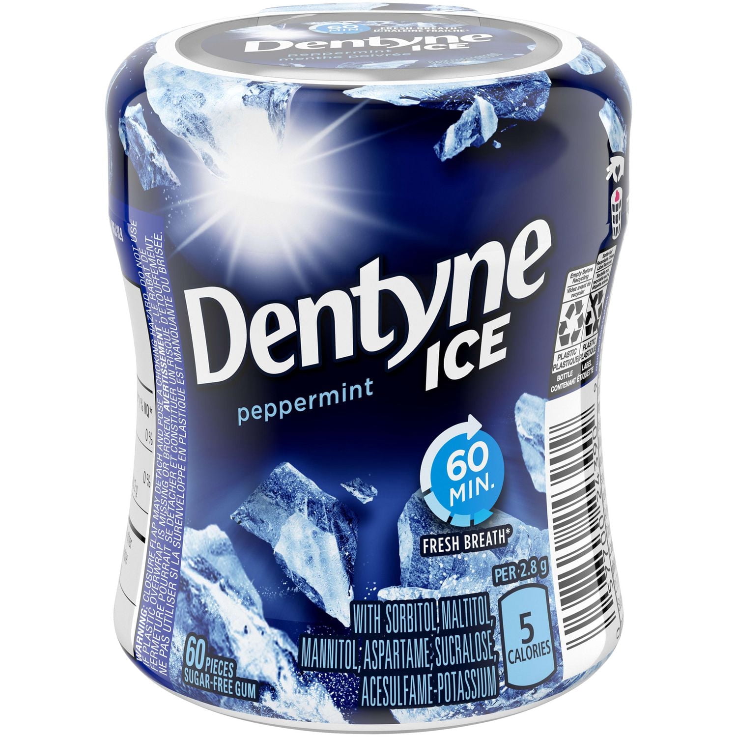 Dentyne Ice Menthe Poivrée, Gomme Sans Sucre, 60 Morceaux, 1 Bouteille