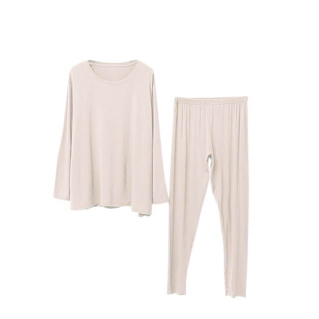 Timegard Ensembles de Pyjamas pour Femmes, un Ensemble de Détente 2 Pcs avec un Haut à Manches Longues à Col Rond et des Pantalons Assortis de Couleur Unie Neutre. Fabriqué à Partir de 95 % polyester et 5 % Élasthanne pour une Sensation Douce et Légère, Parfait pour Dormir Ou Se Détendre. le design Ample Est Polyvalent, Convient à Agencer avec des Vêtements Décontractés Ou des Accessoires, Ce Qui en Fait le loungewear Idéal pour Femmes.