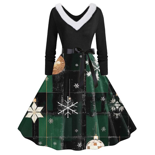 TIMIFIS Robes de Noël pour Femmes, Imprimé de Noël Laid, Robes Trapèze, Robe de Bal à Col en V pour les Fêtes, Manches Longues, Plissée, Robe Rétro Évasée