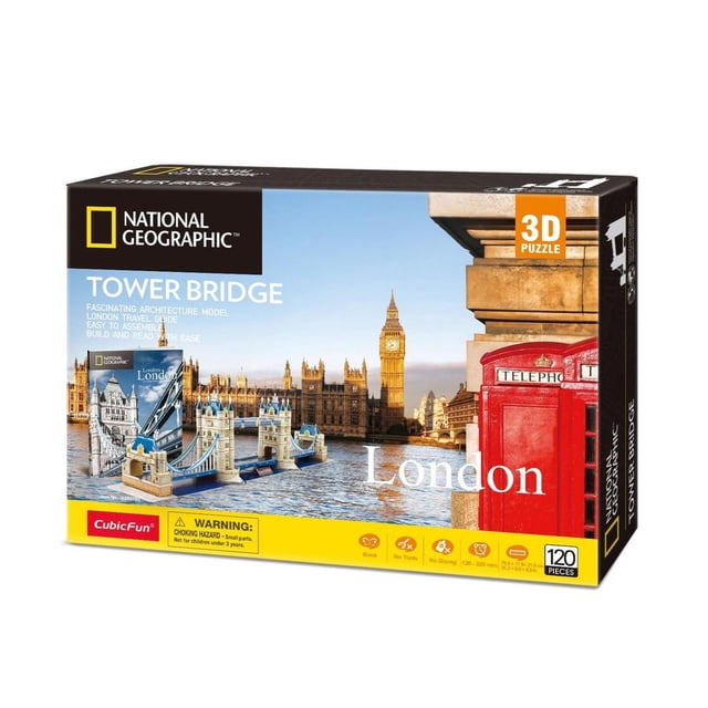 National Geographic 3D Puzzle: Tower Bridge avec 120 Pcs, Présentant un Modèle Détaillé du Tower Bridge de Londres avec des Câbles de suspension Bleus et des Tours Beiges, Près de la Tamise et de Big Ben, aux Côtés d'Une Cabine Téléphonique Britannique Rouge, Parfait pour une Expérience de Casse-Tête Éducative et immersive.