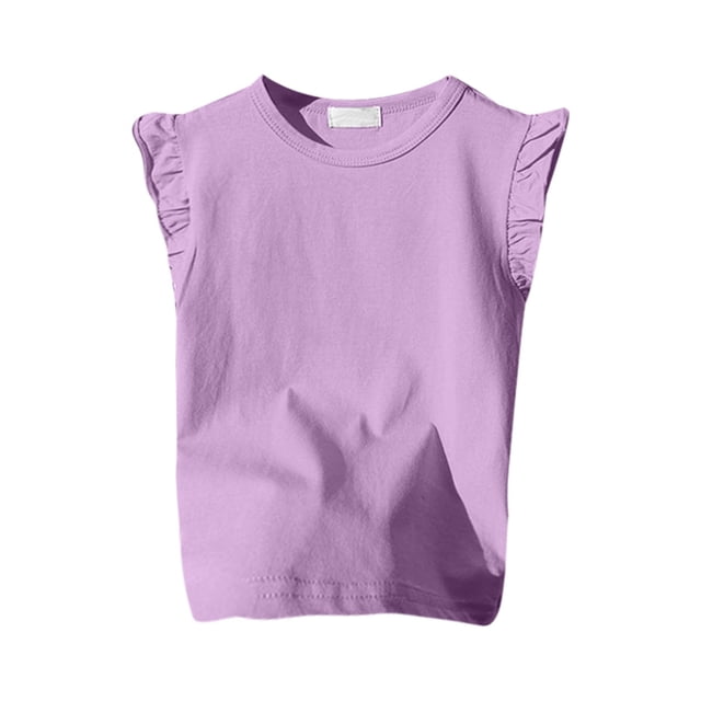 LUOGENLI T Shirt for Girls Girls Ruffle Sleeve T Shirt Solid Color Vest Girls Basic Short Sleeve Shirts for Girls Trendy Summer Mini Purple 9-10 Years