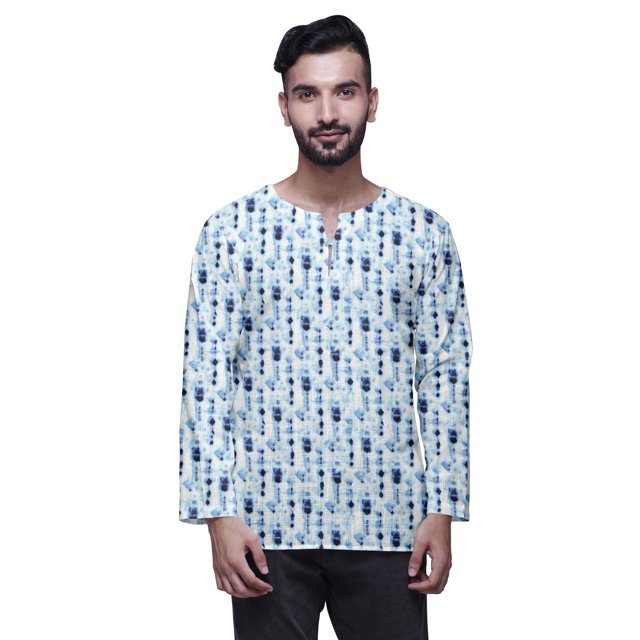 Atasi Cotton Slub Long Sleeve Kurta For Men Keyhole Neck Ethnic PrintedShirt