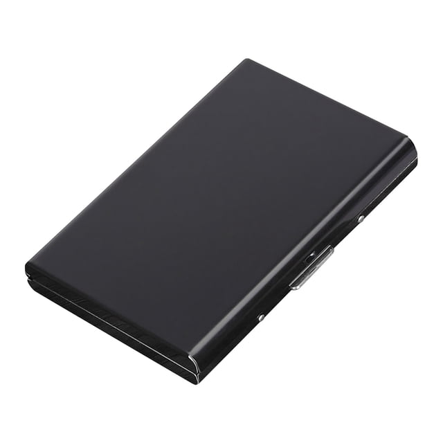 Agiferg RFID Credit Card Holder Protector Slim Metal Wallet Business Card Case for Women or Men. A sleek, black, rectangular wallet made of durable stainless steel with a shiny finish. Designed to block RFID scanners, it protects credit cards, debit cards, and IDs from unauthorized access. Compact and lightweight, it fits easily into a pocket or purse and holds up to six cards. Ideal for business or everyday use.