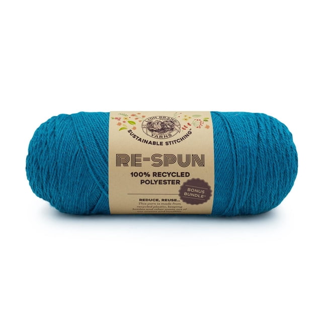 Lion Brand Re-Spun Bonus Bundle Yarn in heliotrope blue, a 284-gram skein of 100% recycled polyester yarn spun from recycled plastics, offering 658 yards of machine washable worsted weight yarn ideal for sustainable knitting, crochet, and home décor projects.
