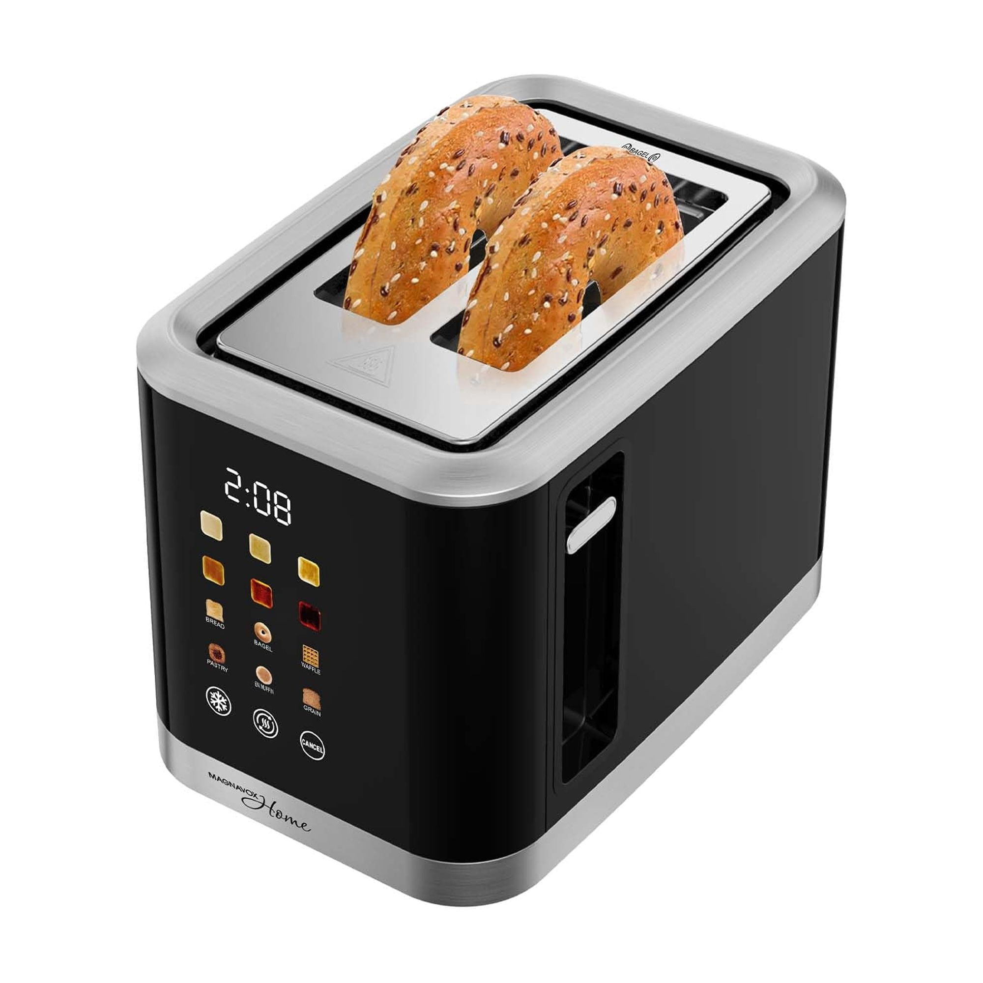 MAGNAVOX HOME, 2 Slice Smart Toaster, Touchscreen, Wide Slot for Bread, English Muffins, Croissants, and Bagels, 5 Adjustable Toast Settings, Cancel and Defrost, 6 Bread