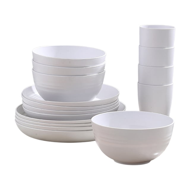 Dvruxg 16 Pcs Kitchen Wheat Straw Dinnerware Set, featuring a complete set of reusable plastic dinnerware in white. Includes four dinner plates, four dessert plates, four bowls, and four cups. Lightweight and durable, this set is ideal for daily meals, picnics, or outdoor dining. The sleek, minimalist design complements various kitchen decors. Dishwasher safe for easy cleaning. Dimensions: 23x23x18cm (packaging size).