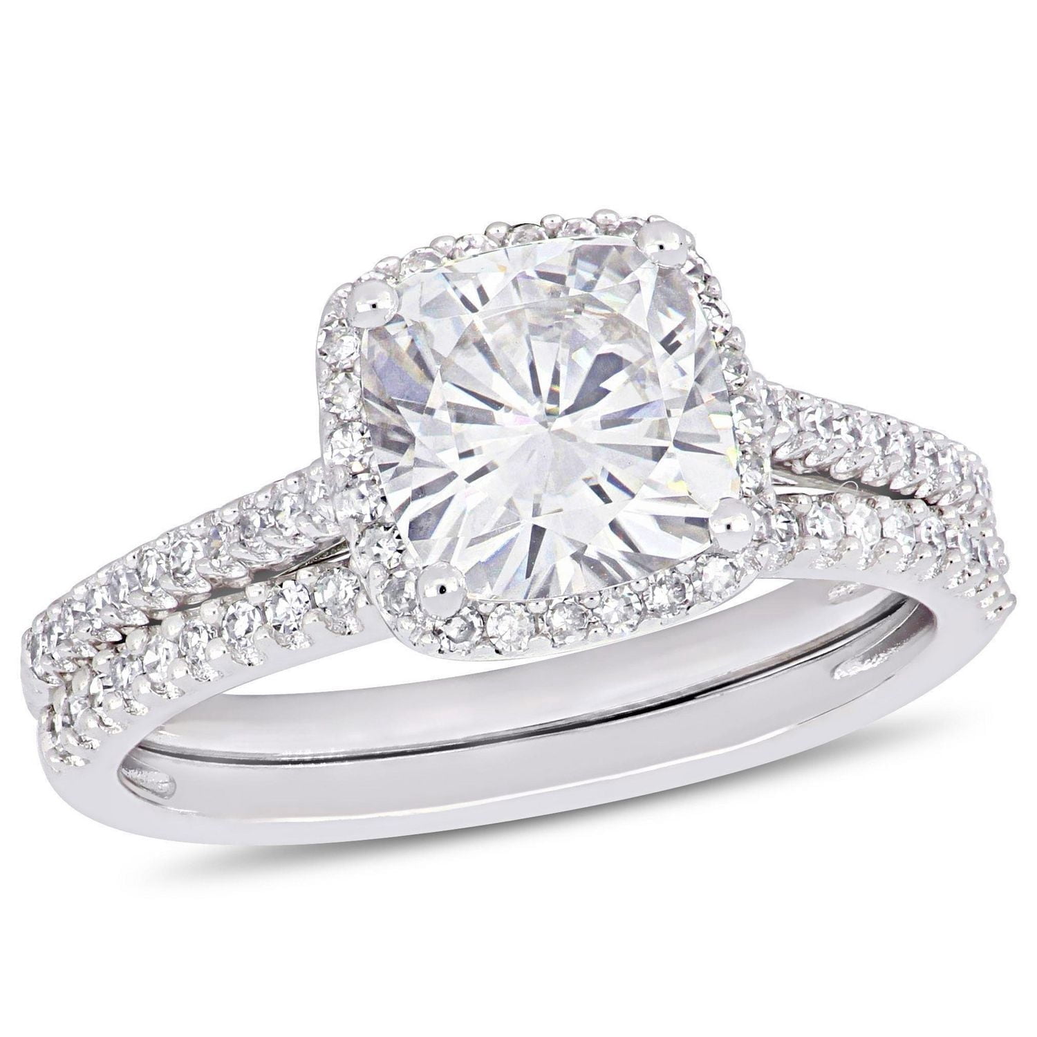Ensemble de mariage de forme auréole Miabella avec moissanite 2 CT PBT et diamants 1/3 CT poids total en or blanc 14K