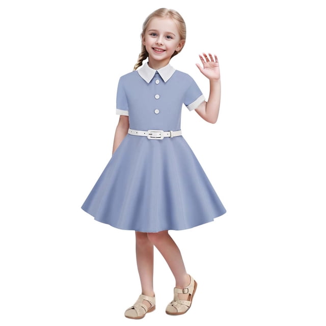 XEGLSBU Short Sleeve Belt Splicing Vintage Children's Dress Princess Dress