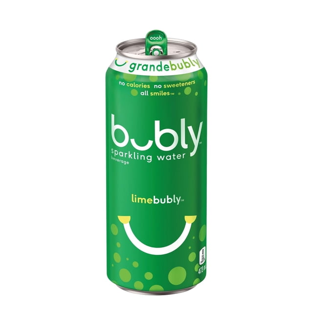 Bubly Lime Sparkling Water 473mL can in green with white and yellow text, featuring natural lime flavor, no calories, and no sweeteners, designed with a smiling bubble graphic and a pull tab marked 'oooh', suitable for refreshing hydration or as a mixer in beverages.