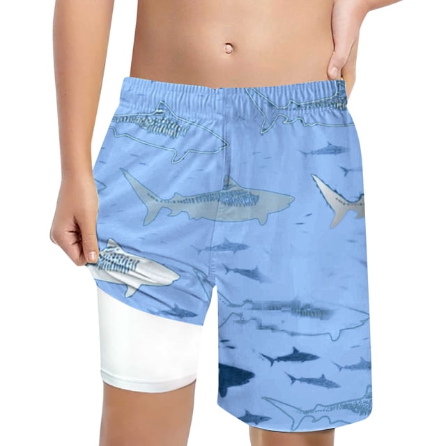 Sunnyoo Little Boys Shark Print Quick Drying Swim Trunks with Compression Liner