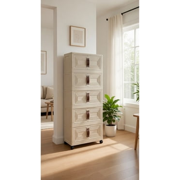 Toytexx Armoire de Rangement à 5 Niveaux avec Portes et Roues, Organisateur en Plastique Pliable Empilable, Unité de Rangement Verticale Gain de Place pour Chambre, Bureau, Cuisine, Beige