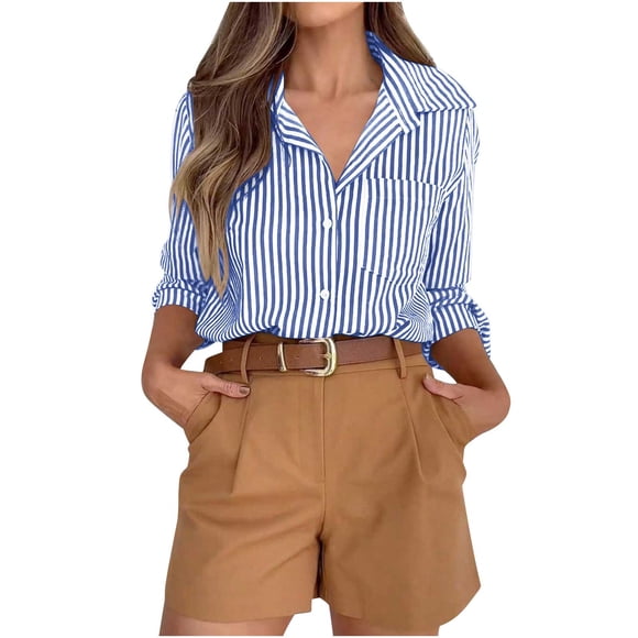 Ymauqau Button down Shirts for Women Long Sleeve Collared Curved Hem Striped Tunic Tops Business Casual Blouses with Pocket