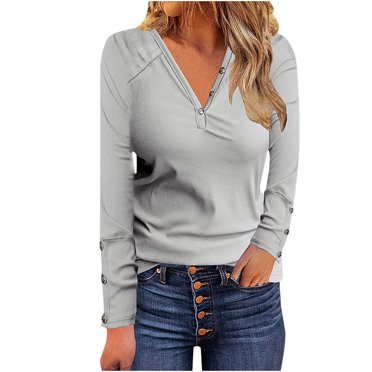 IROINID Rabais Chemises à Manches Longues Col en V pour Femmes T-Shirt Automne Blouse Ample Unie, Gris