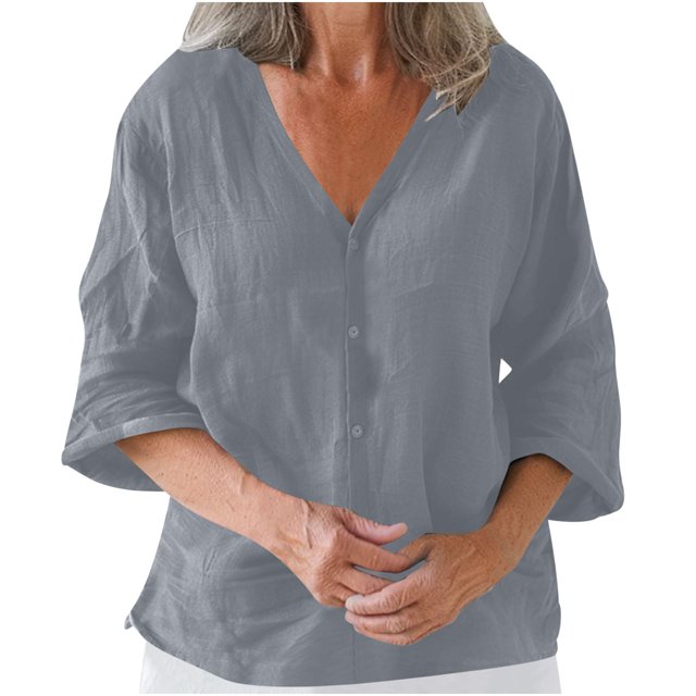 Timegard Womens Summer Tops V-Neck 3/4 Sleeve Button down Solid Color Lightweight Casual Loose Tops