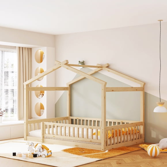 MODERNLUXE Full Size Wood House Bed with Fence,Montessori Floor Bed with Roof and Safety Guardrail for Kids, Teens,Boys or Girls,Natural